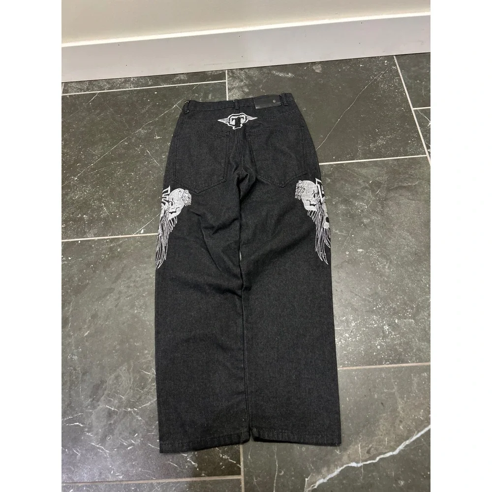 Game Time Mens Y2K Skull Embroidered Baggy Jeans Dark Wash 30x30 Streetwear